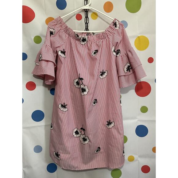 NWOT Ces Femme Size S Off The Shoulder Dress Pinstriped Floral - Picture 6 of 16